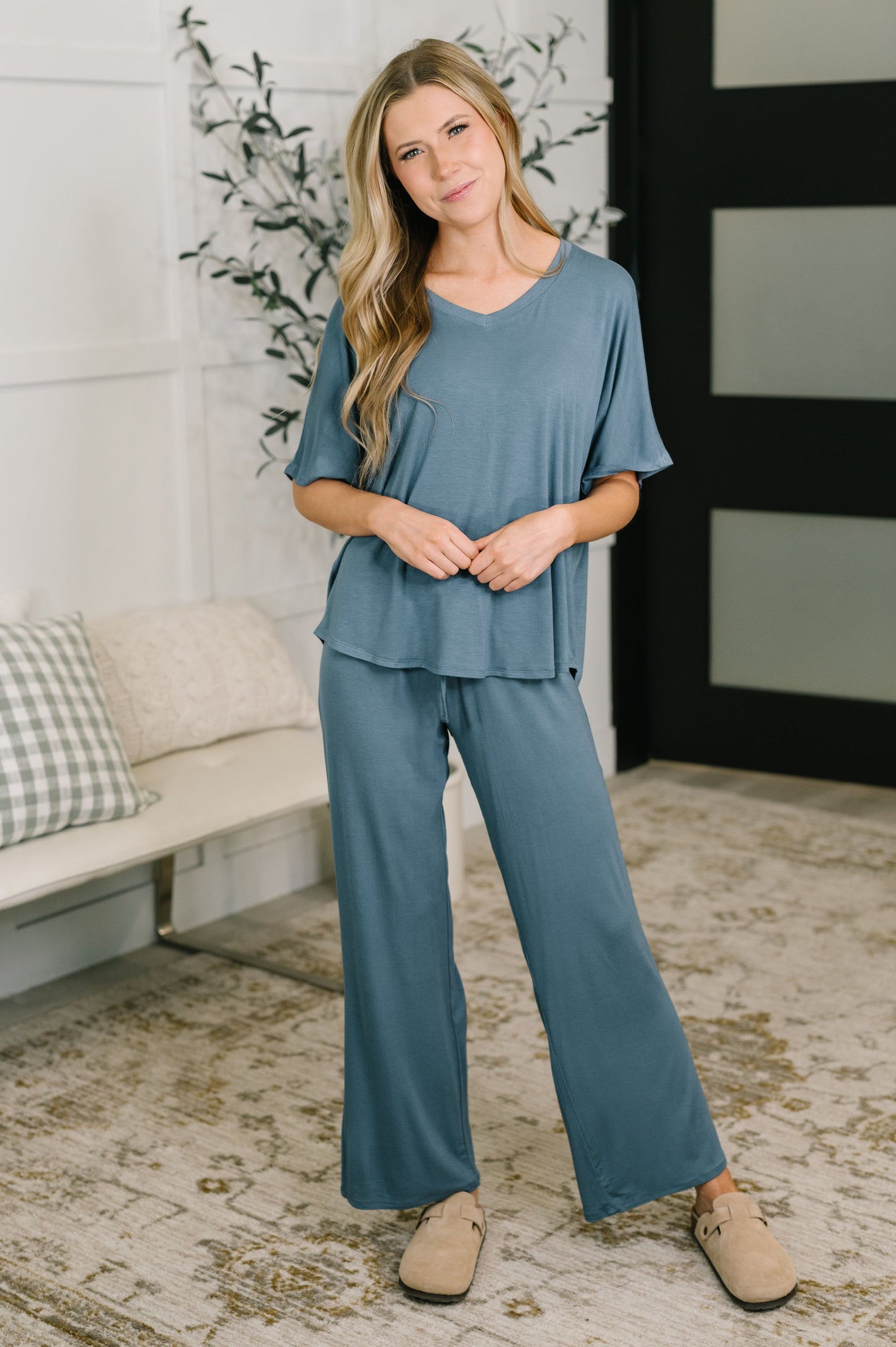 Zenana • Ol' Reliable Top and Bottom Lounge Set in Dusty Blue
