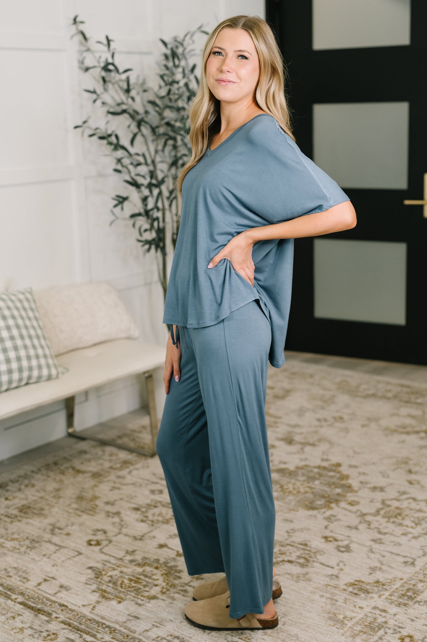 Zenana • Ol' Reliable Top and Bottom Lounge Set in Dusty Blue