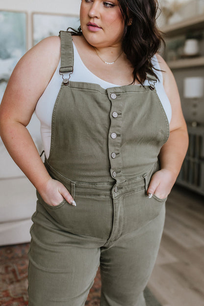 Judy Blue • Olivia Control Top Release Hem Overalls in Olive