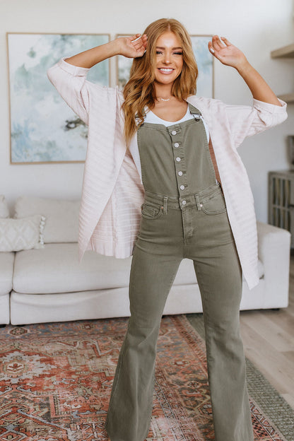 Judy Blue • Olivia Control Top Release Hem Overalls in Olive