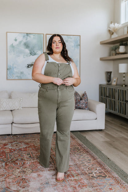 Judy Blue • Olivia Control Top Release Hem Overalls in Olive