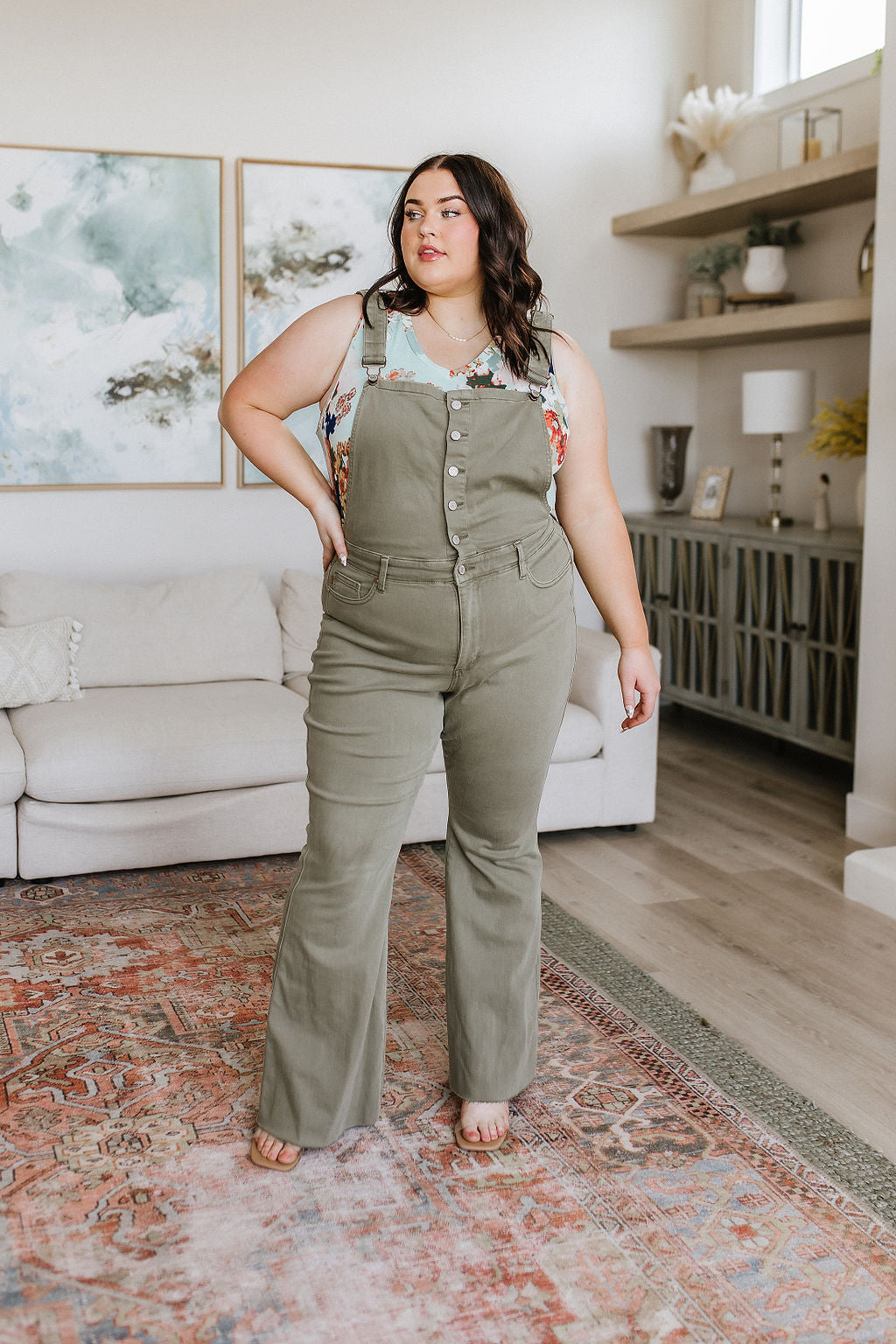 Judy Blue • Olivia Control Top Release Hem Overalls in Olive