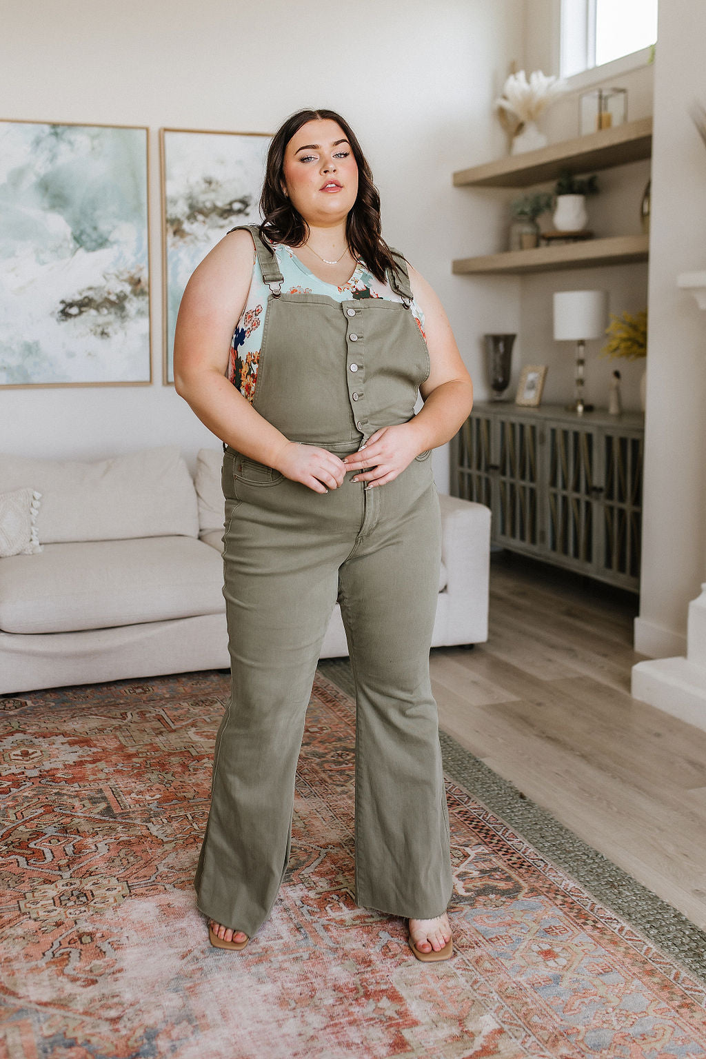 Judy Blue • Olivia Control Top Release Hem Overalls in Olive