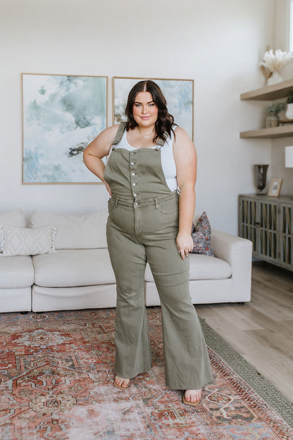 Judy Blue • Olivia Control Top Release Hem Overalls in Olive