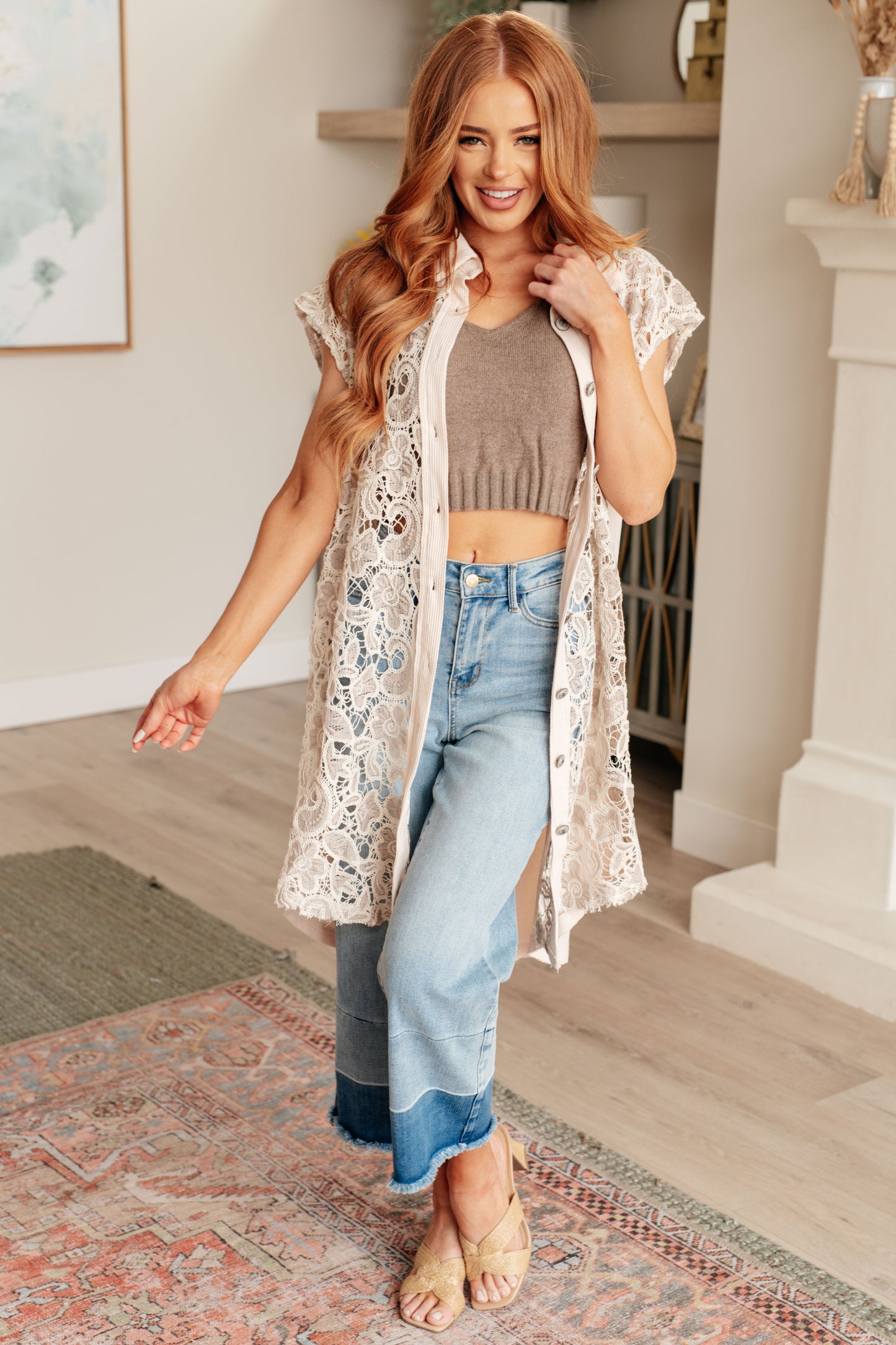 POL • Pieces of Me Longline Lace Button Up