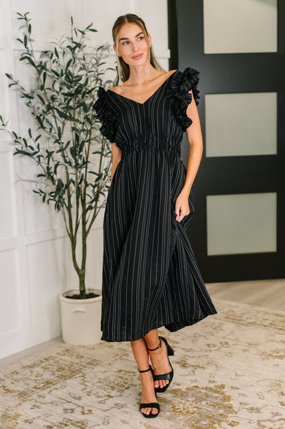 Jodifl • Pinstripe Romance V-Neck Ruffle Sleeve Dress in Black