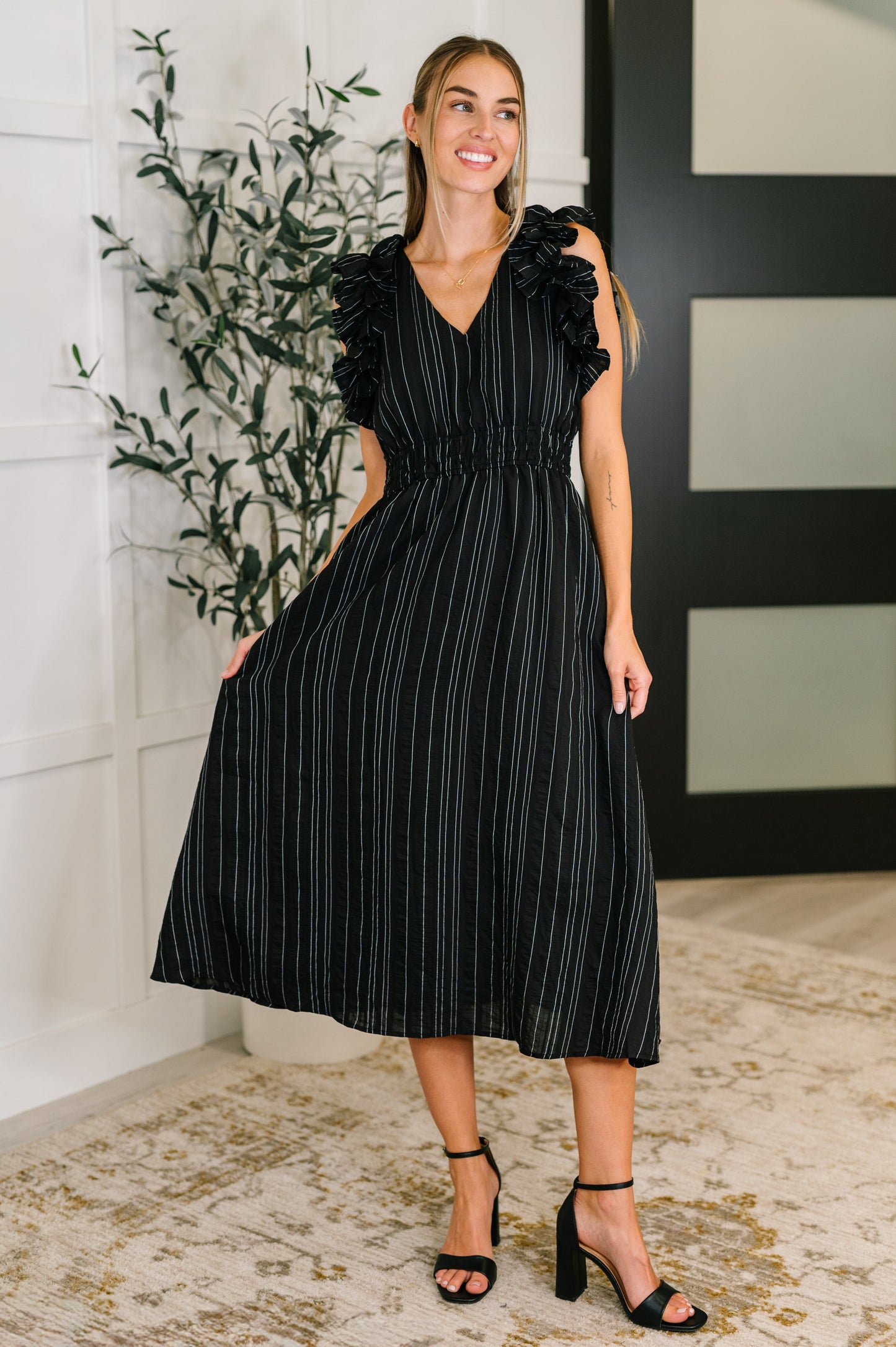 Jodifl • Pinstripe Romance V-Neck Ruffle Sleeve Dress in Black
