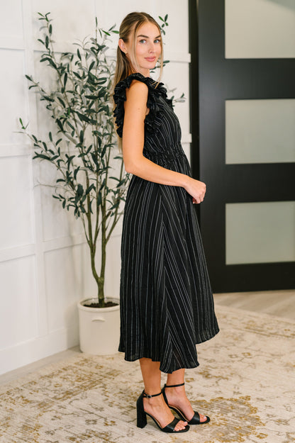 Jodifl • Pinstripe Romance V-Neck Ruffle Sleeve Dress in Black