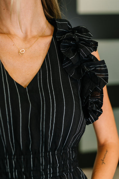 Jodifl • Pinstripe Romance V-Neck Ruffle Sleeve Dress in Black