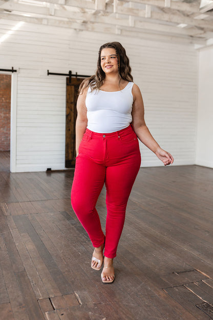 Judy Blue • Ruby High Rise Control Top Garment Dyed Skinny Jeans in Red