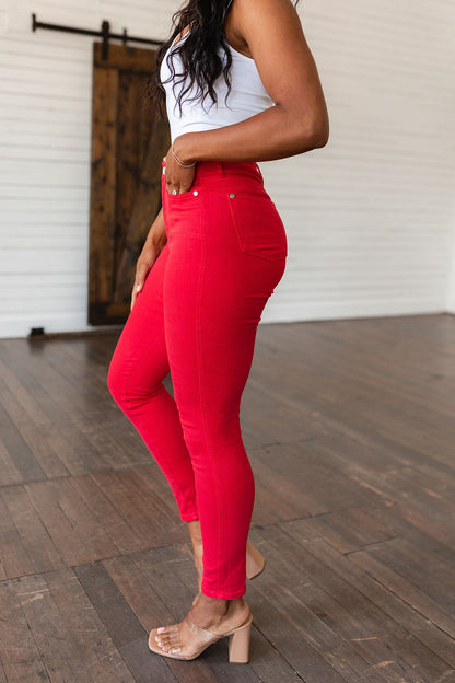 Judy Blue • Ruby High Rise Control Top Garment Dyed Skinny Jeans in Red