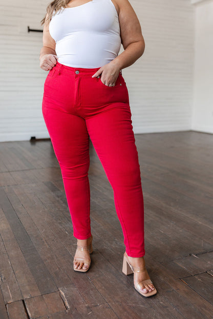 Judy Blue • Ruby High Rise Control Top Garment Dyed Skinny Jeans in Red