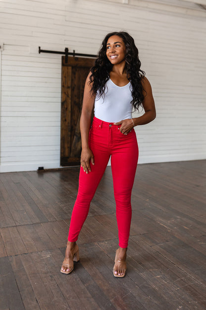 Judy Blue • Ruby High Rise Control Top Garment Dyed Skinny Jeans in Red