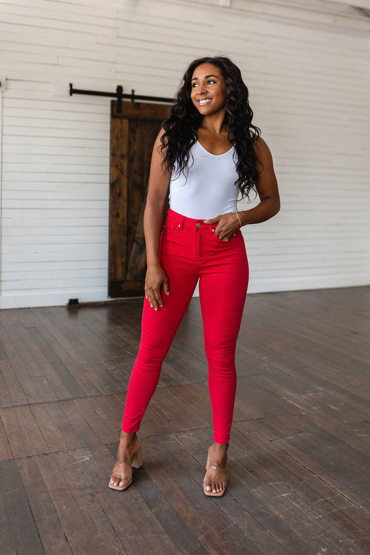 Judy Blue • Ruby • High Rise Control Top Garment Dyed Skinny Jeans in Red