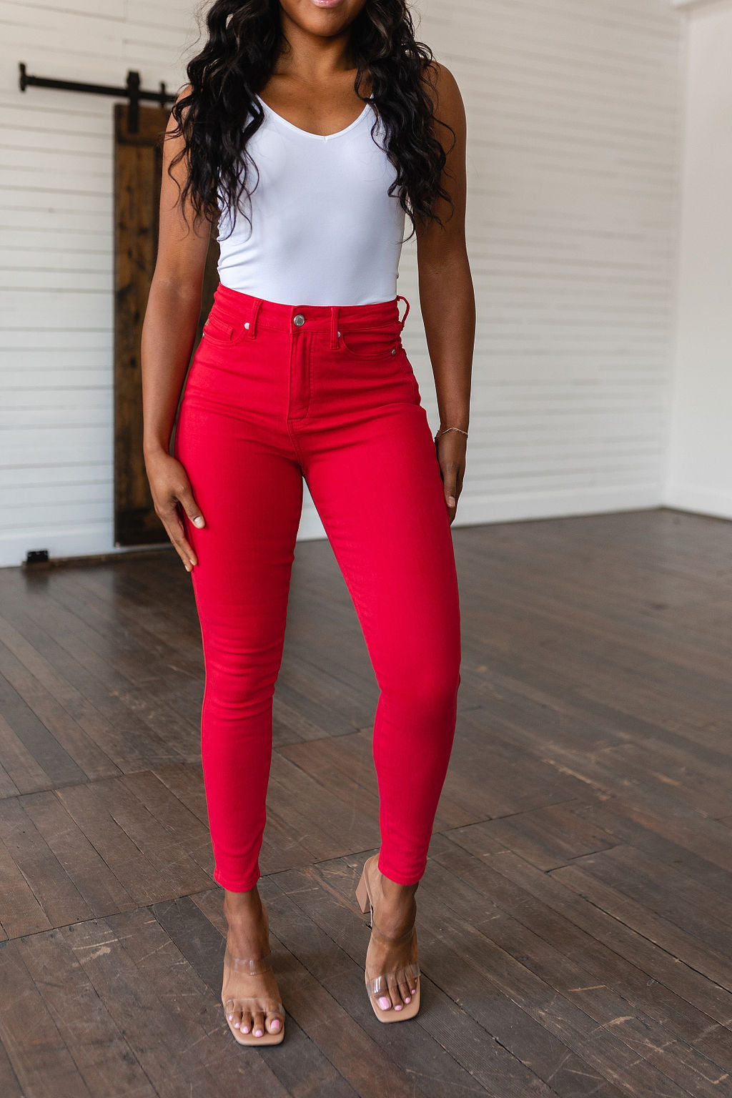 Judy Blue • Ruby High Rise Control Top Garment Dyed Skinny Jeans in Red