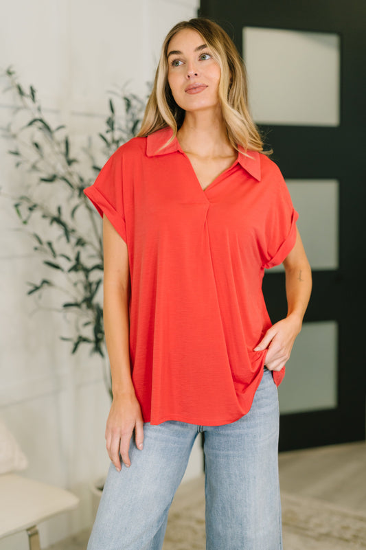 Dear Scarlett • Sea You Soon Collared Top in Hot Coral