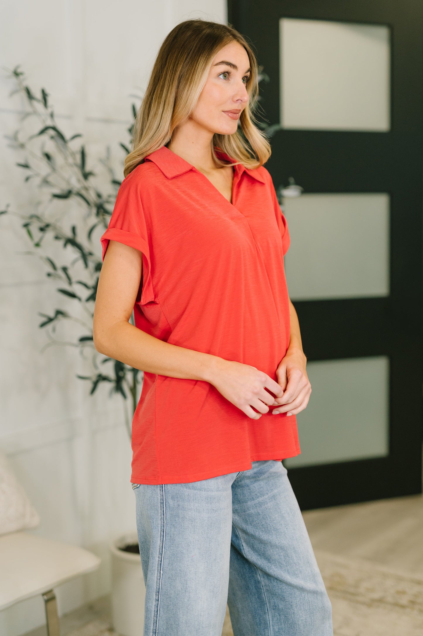 Dear Scarlett • Sea You Soon Collared Top in Hot Coral