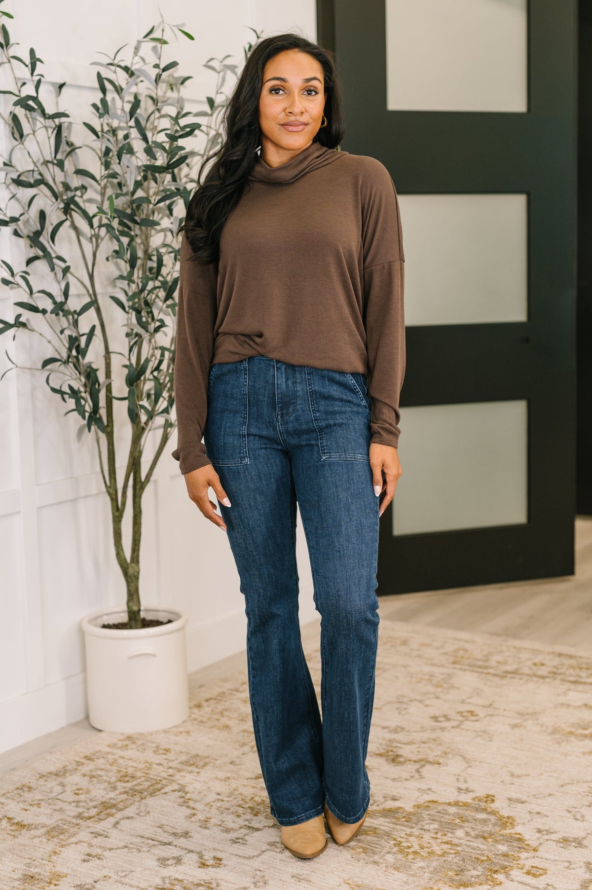 Dear Scarlett • Travel Destination Cowl Neck Pullover in Chocolate