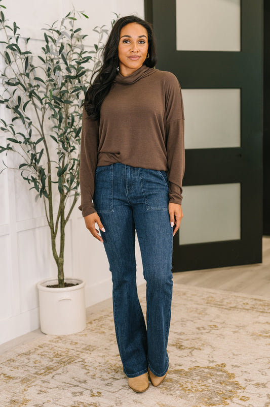 Dear Scarlett • Travel Destination Cowl Neck Pullover in Chocolate