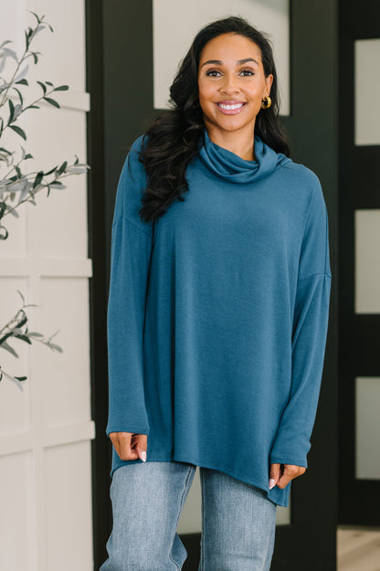 Dear Scarlett • Travel Destination Cowl Neck Pullover in Dark Teal
