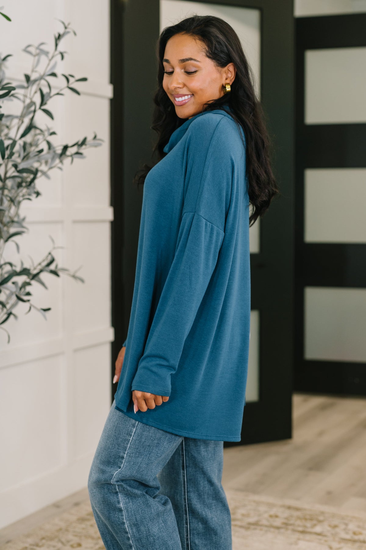 Dear Scarlett • Travel Destination Cowl Neck Pullover in Dark Teal