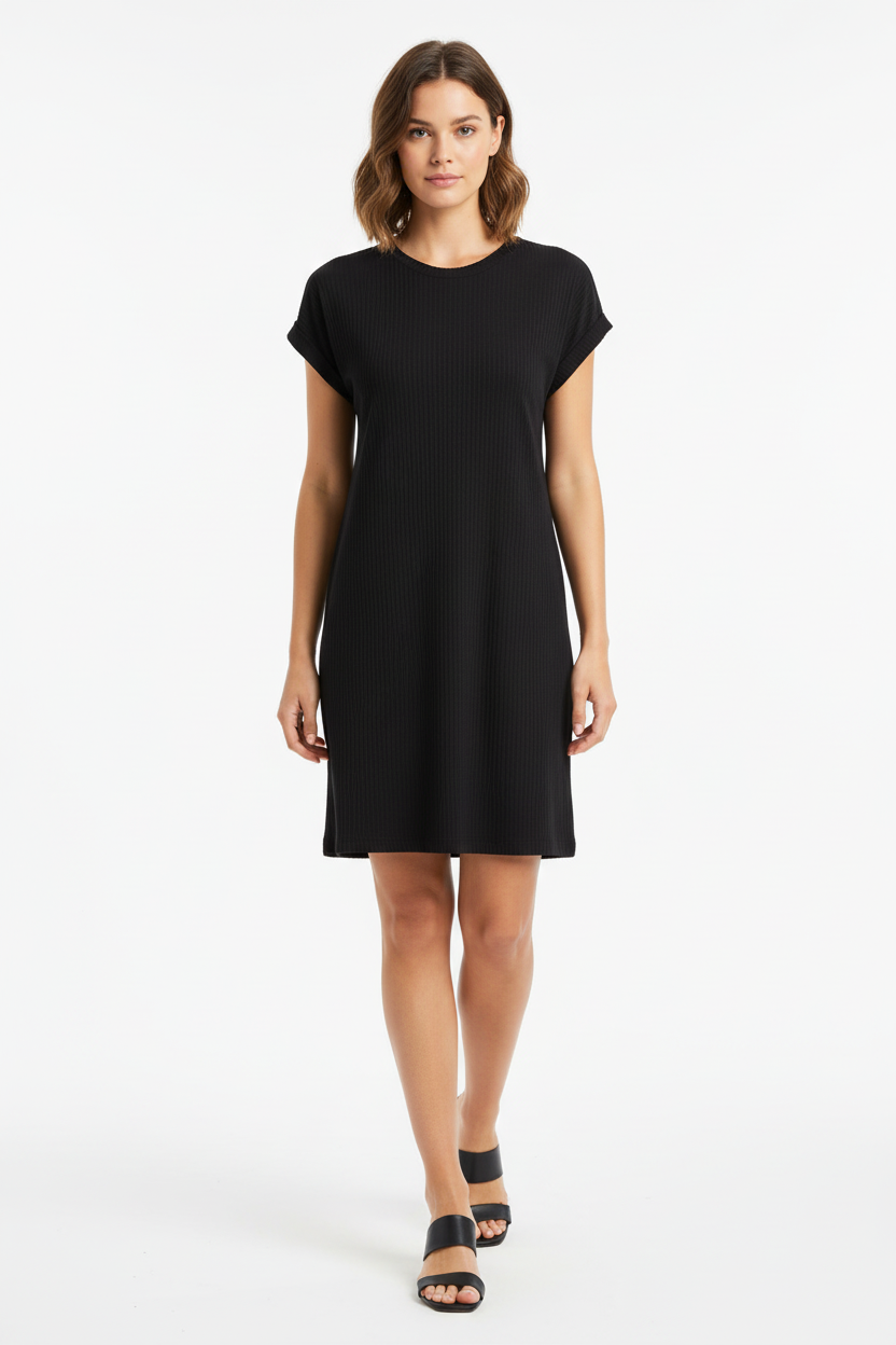 LuLaRoe Chelsea T-Shirt Dress • Ribbed Fabric • Step Hemline • Solid Black