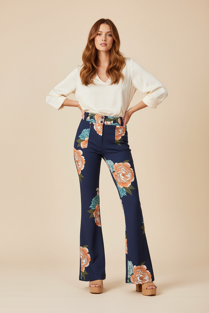 LuLaRoe Emery Wide Leg Pants • Blue Orange Large Floral • Rayon Ponte