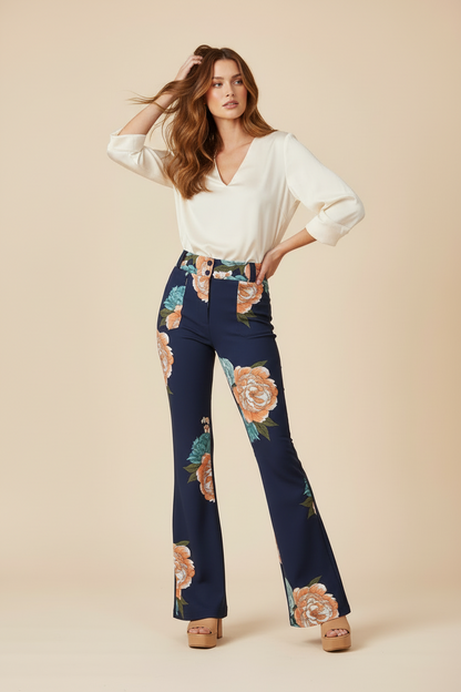 LuLaRoe Emery Wide Leg Pants • Blue Orange Large Floral • Rayon Ponte