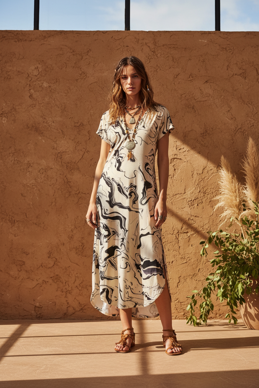 LuLaRoe Macy • Maxi Dress • Double V-Neck • Split Hem • White Black Marble