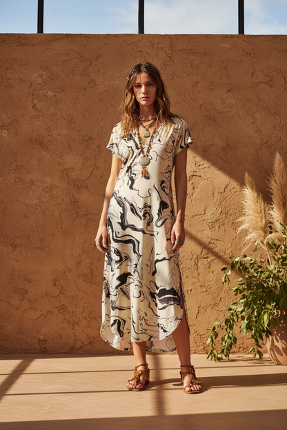 LuLaRoe Macy • Maxi Dress • Double V-Neck • Split Hem • White Black Marble