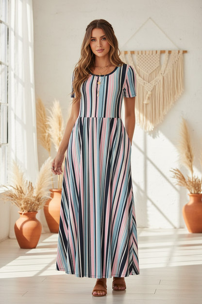 LuLaRoe Riley • Empire Waist Midi Dress • Blue Pink Vertical Stripe