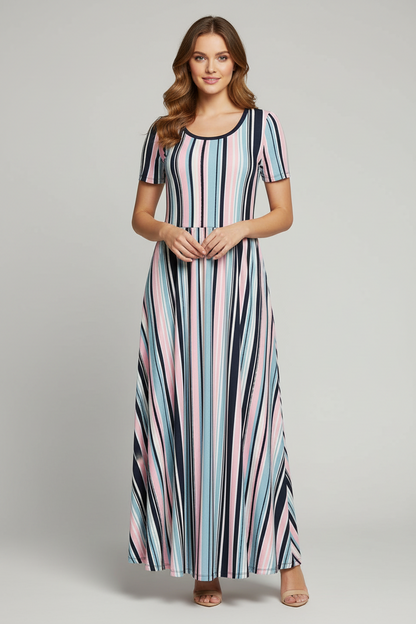 LuLaRoe Riley • Empire Waist Midi Dress • Blue Pink Vertical Stripe