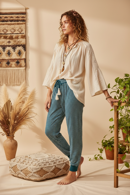 LuLaRoe Jax Joggers • Side Pockets  • Cuffed Ankles • Elastic and Drawstring Waist • Teal White Horizonal Stripes