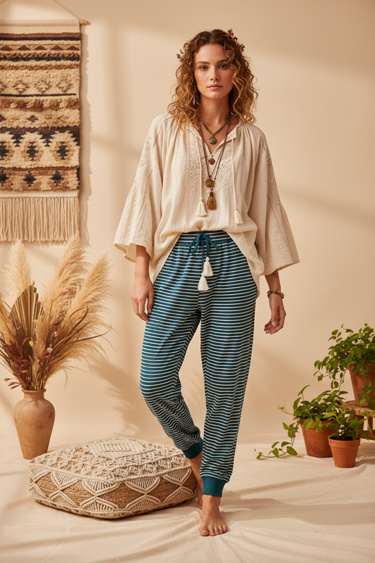 LuLaRoe Jax Joggers • Side Pockets  • Cuffed Ankles • Elastic and Drawstring Waist • Teal White Horizonal Stripes
