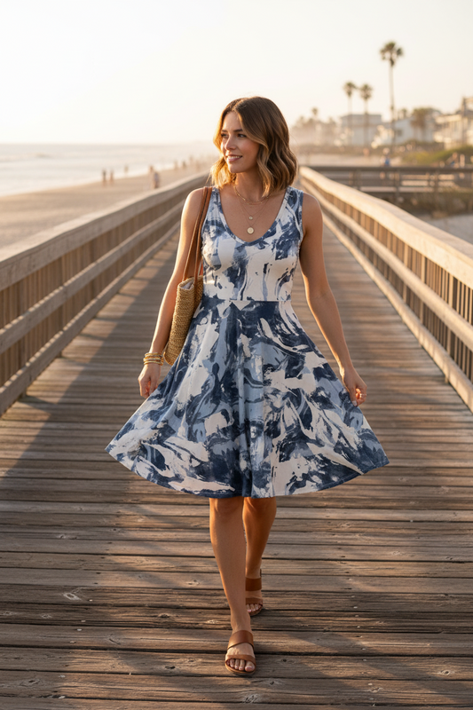LuLaRoe Nicki • A-Line • Sleeveless • Fit and Flare Dress • Blue White Marble Wash