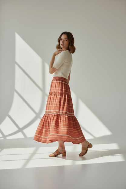 LuLaRoe Poppy Maxi Skirt • Vintage Boho Vibes • Burnt and Orange Cream