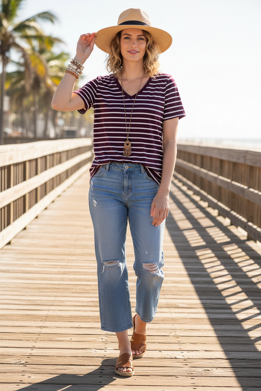 LuLaRoe • V-Neck Christy Tee • Vintage • 
Purple White Stripe