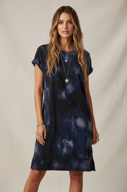 LuLaRoe Chelsea T Shirt Dress • Crêpe Moss Fabric • Step Hemline • Tie Dye Look