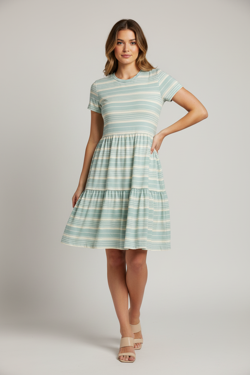 LuLaRoe Ariel Three Tiered Dress with Pockets • Blue White Stripe