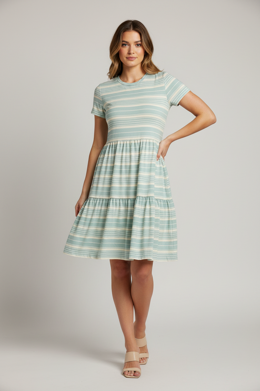 LuLaRoe Ariel Three Tiered Dress with Pockets • Blue White Stripe