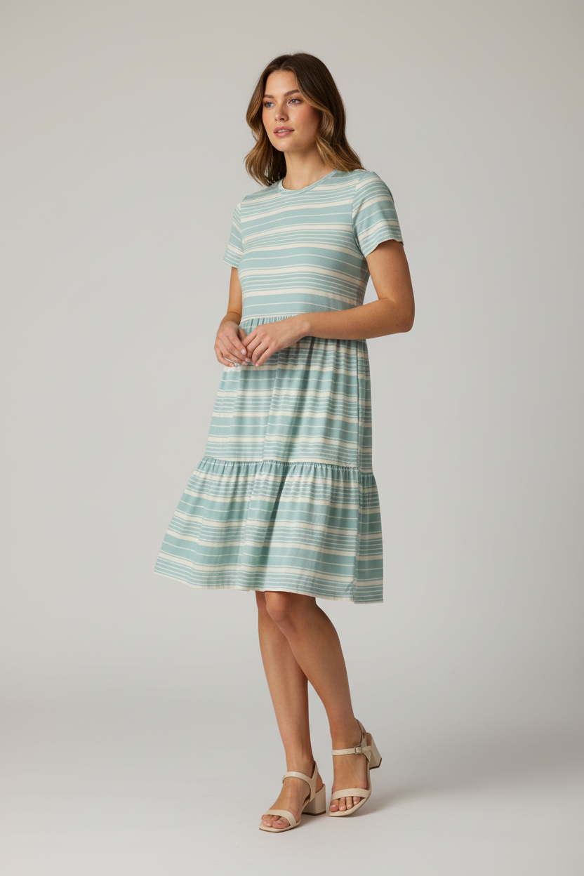 LuLaRoe Ariel Three Tiered Dress with Pockets • Blue White Stripe