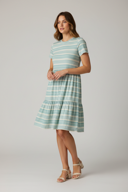 LuLaRoe Ariel Three Tiered Dress with Pockets • Blue White Stripe