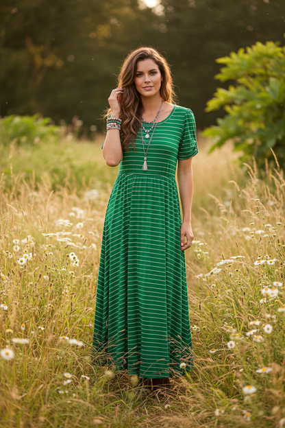 LuLaRoe Riley • Empire Waist Midi Dress • Green White Stripe