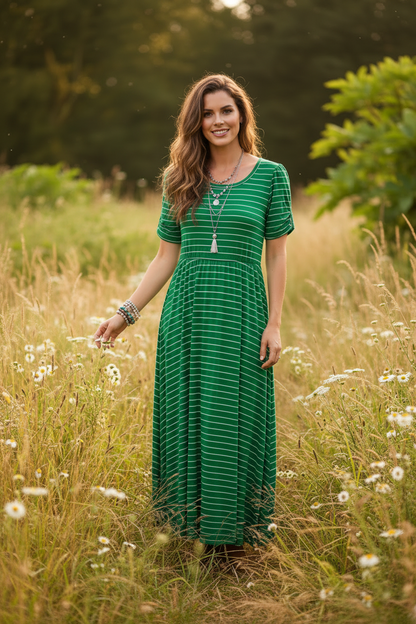 LuLaRoe Riley • Empire Waist Midi Dress • Green White Stripe