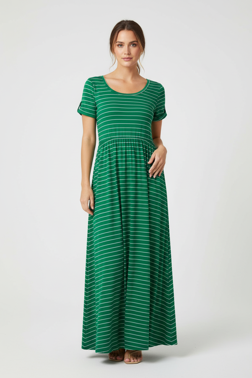 LuLaRoe Riley • Empire Waist Midi Dress • Green White Stripe