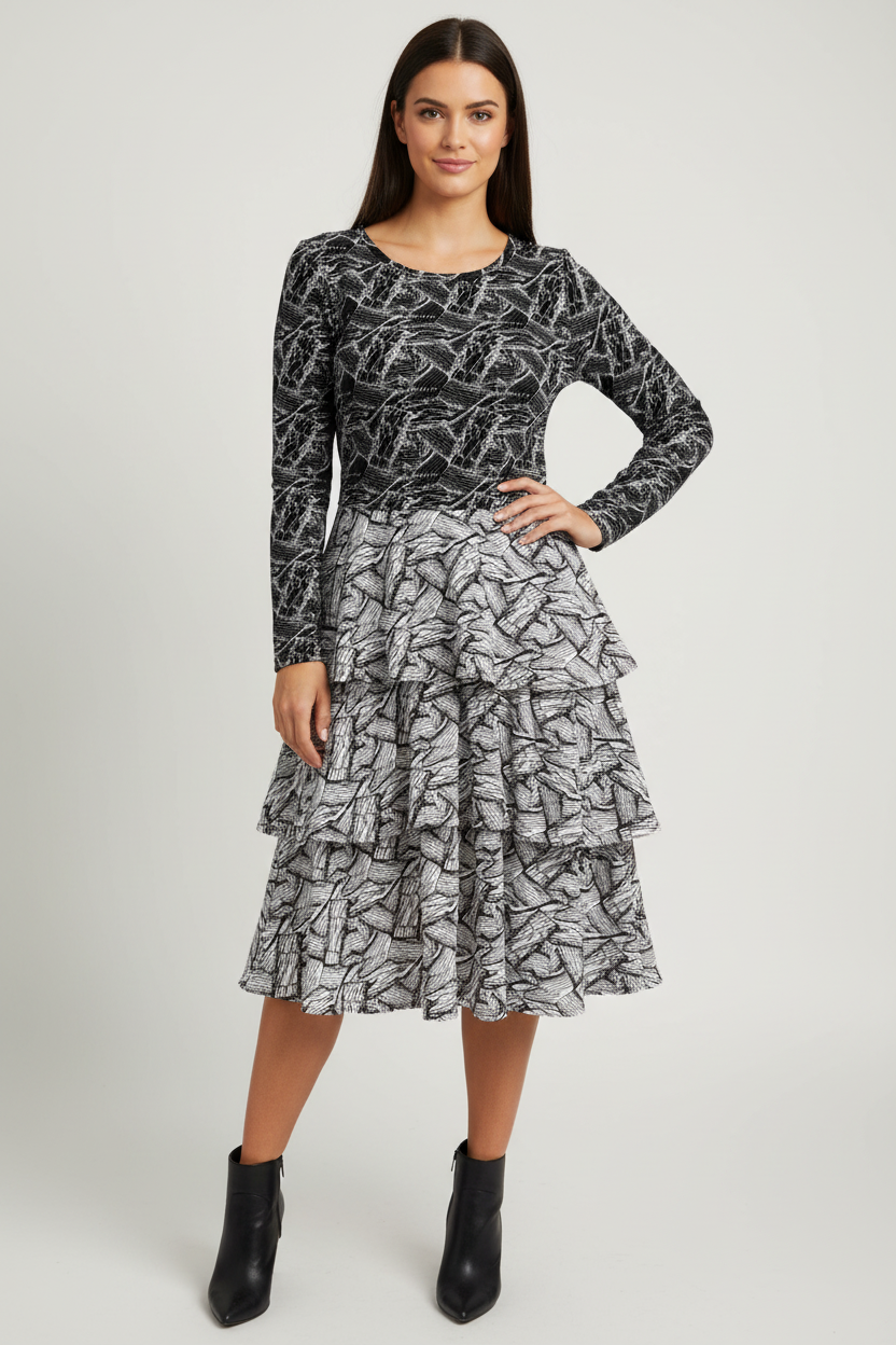 LuLaRoe Georgia • Tiered Midi Dress • Black and White Abstract Print