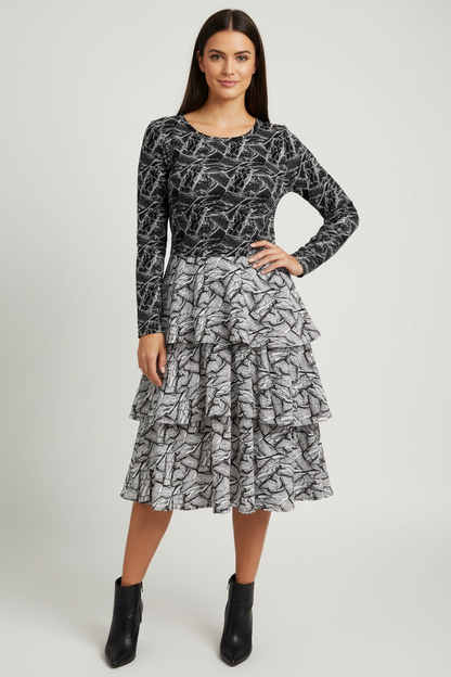 LuLaRoe Georgia • Tiered Midi Dress • Black and White Abstract Print