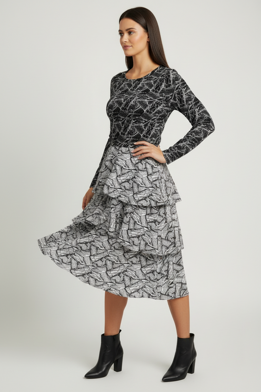 LuLaRoe Georgia • Tiered Midi Dress • Black and White Abstract Print