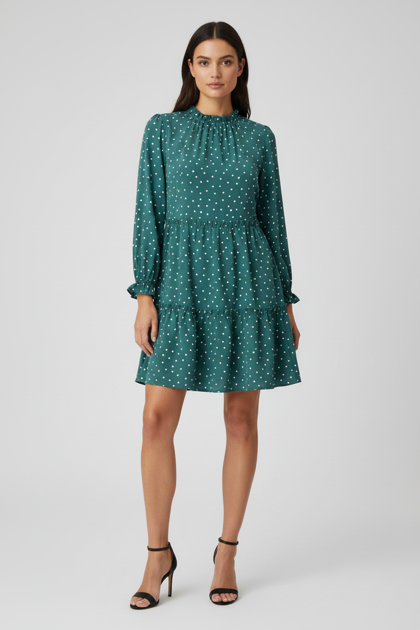 LuLaRoe Annabelle Ruffled Tiered Dress • Teal White Small Dot