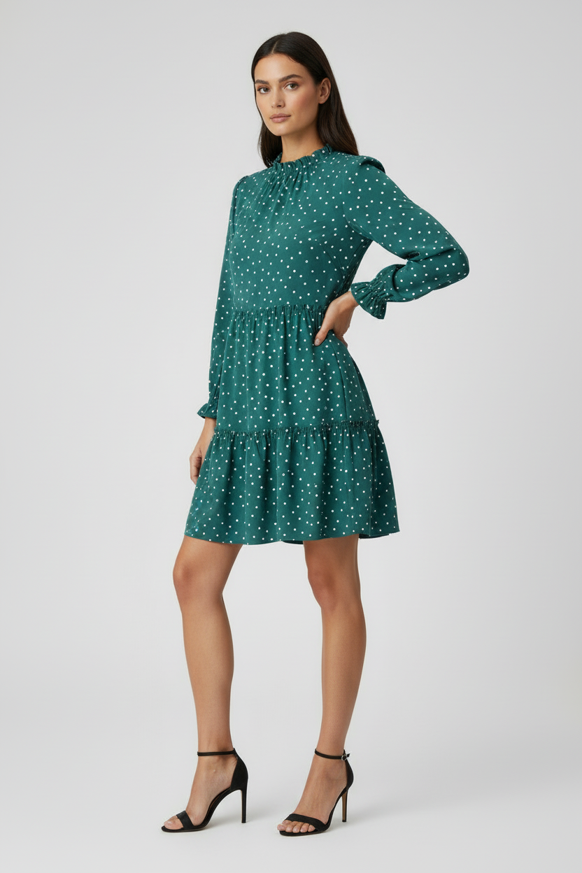 LuLaRoe Annabelle Ruffled Tiered Dress • Teal White Small Dot